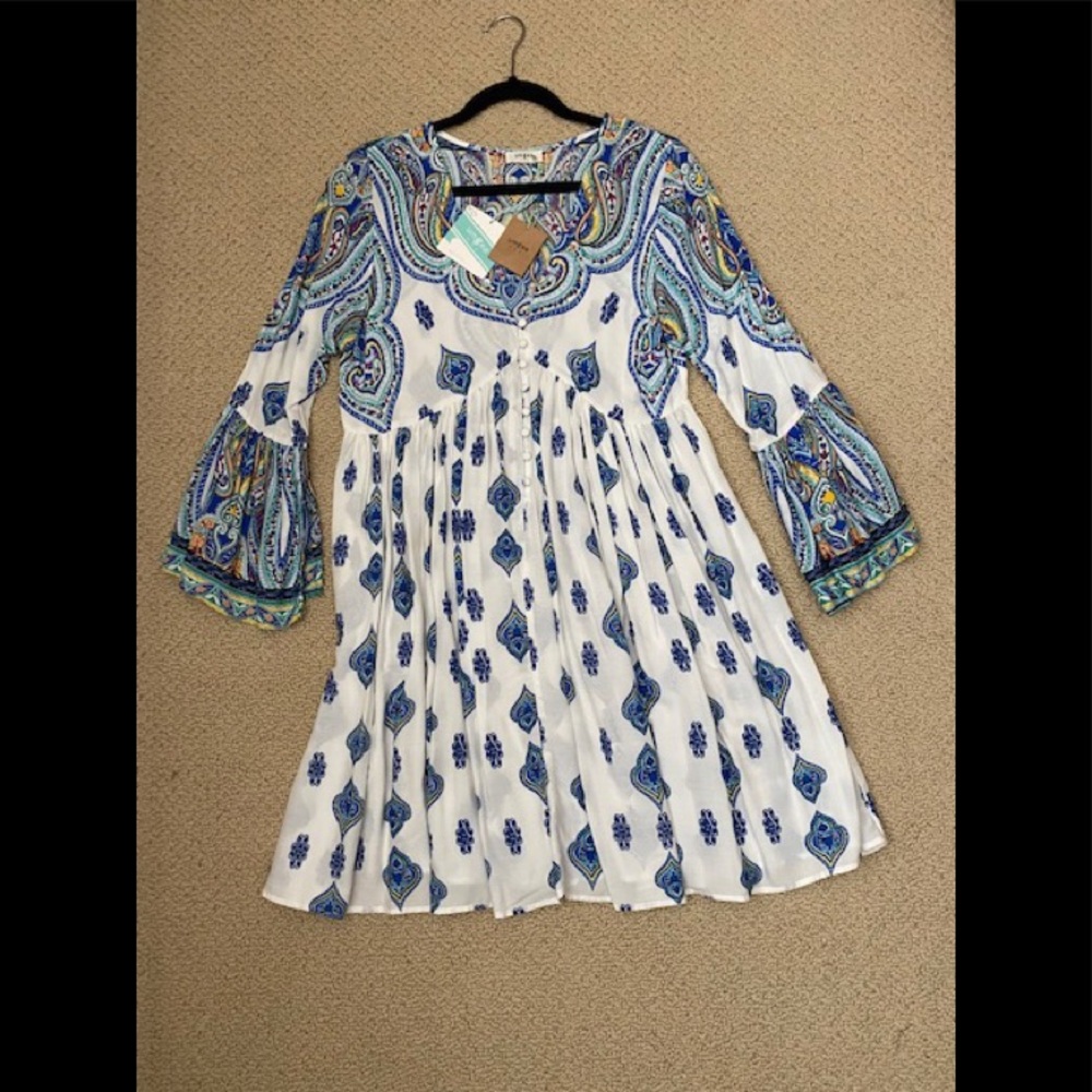 Umgee Womens Multi-Print Trumpet Sleeve Dress